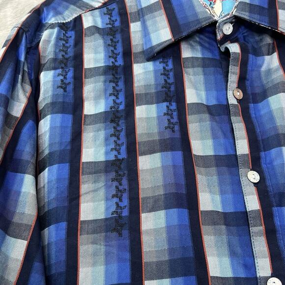Robert Graham Shirt Mens XL Blue Plaid Flip Cuff Check Classic Fit Embroidered - Picture 6 of 14